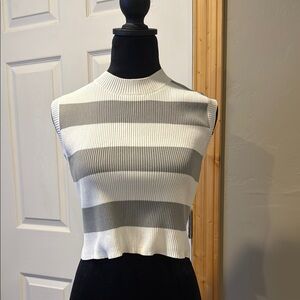 Striped Sleeveless Ribbed Crop Top - White and Gray